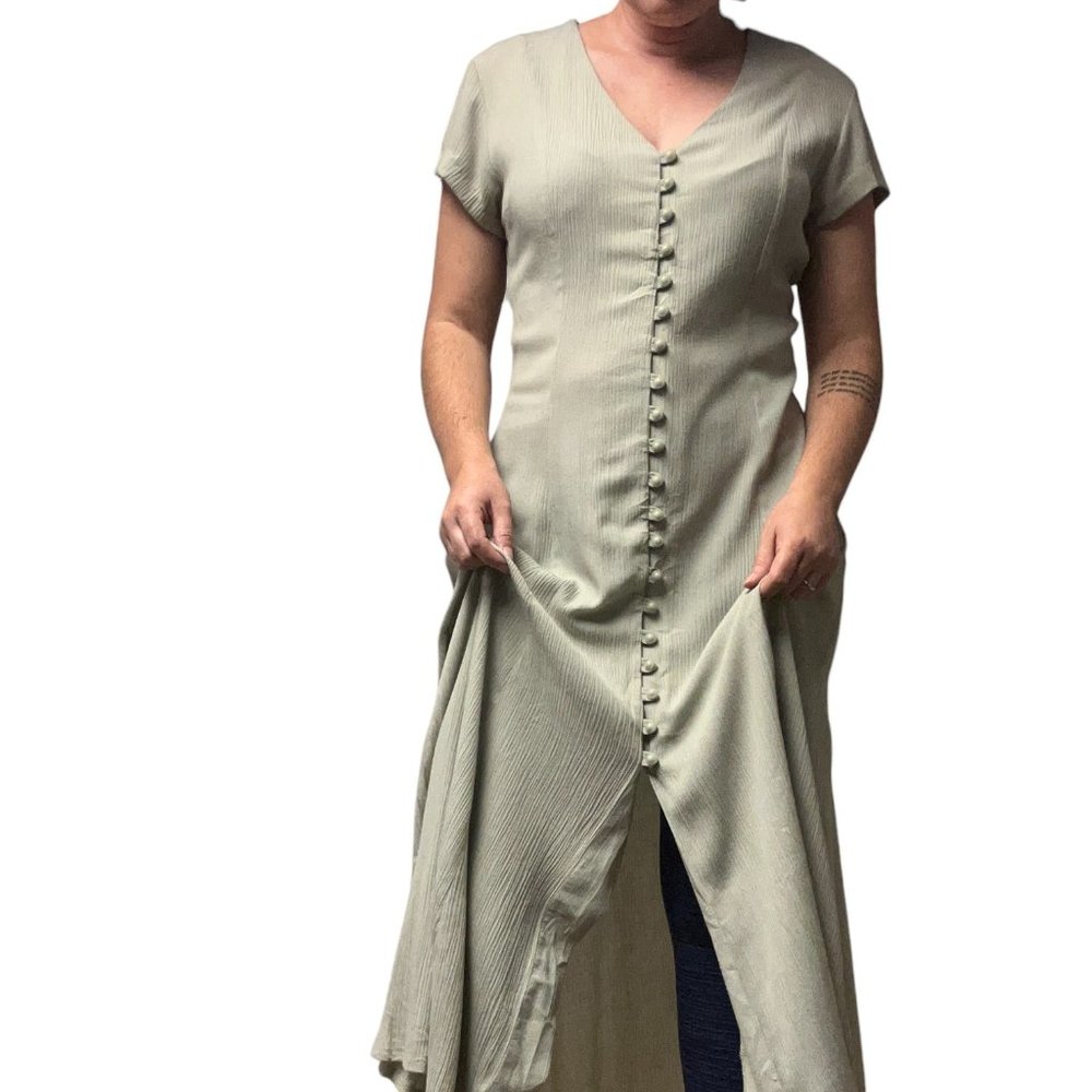 Vintage 90s Light Green Crepe Dress Art Deco Buttons Tie Back